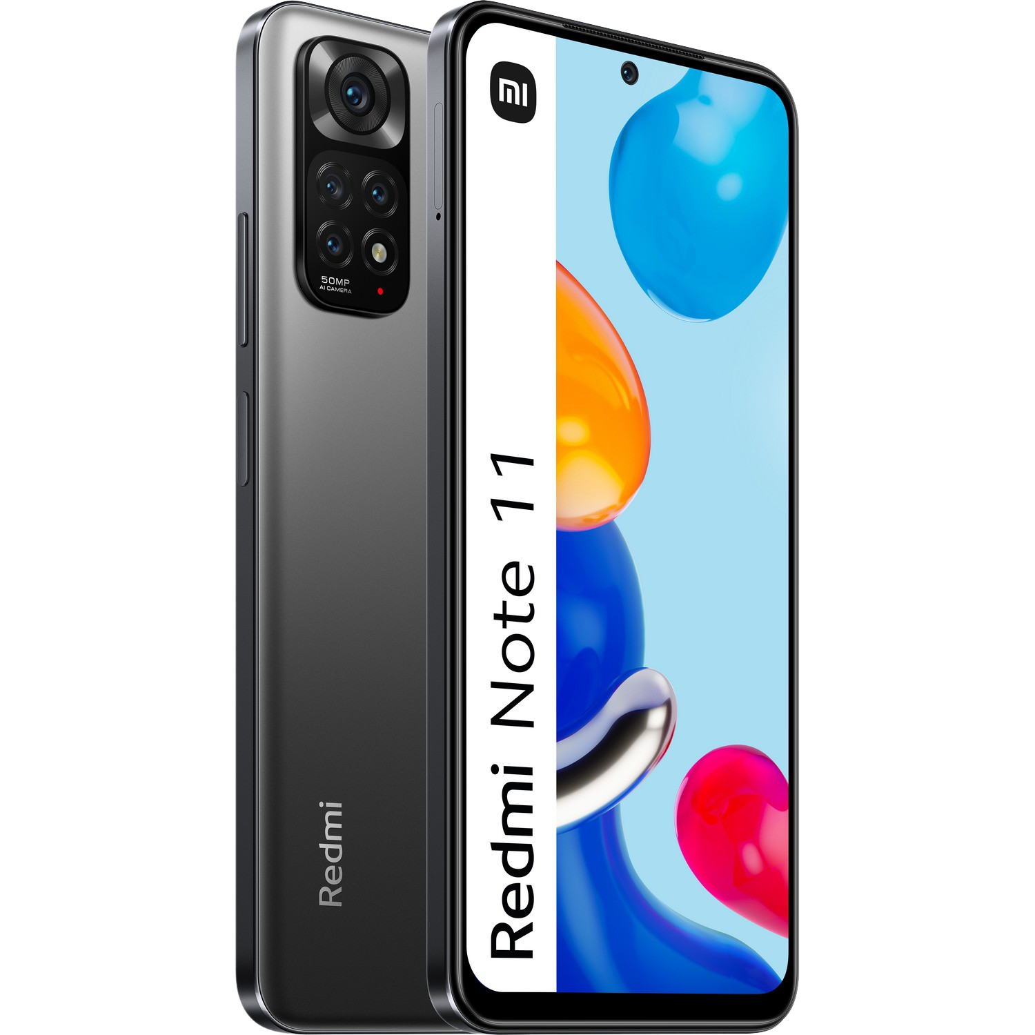 Un smartphone Redmi Note 11, mostrando la parte trasera y la pantalla con gráficos coloridos.