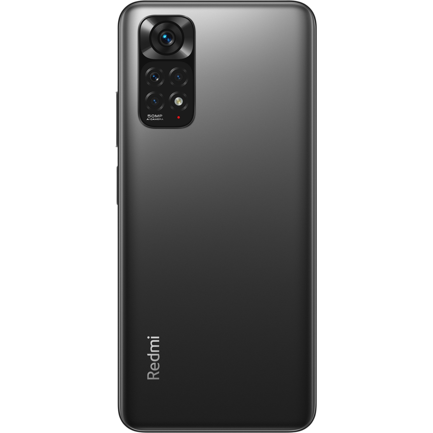La parte trasera de un teléfono Redmi negro con un relieve de cámara. El logotipo de Redmi está en la parte inferior.