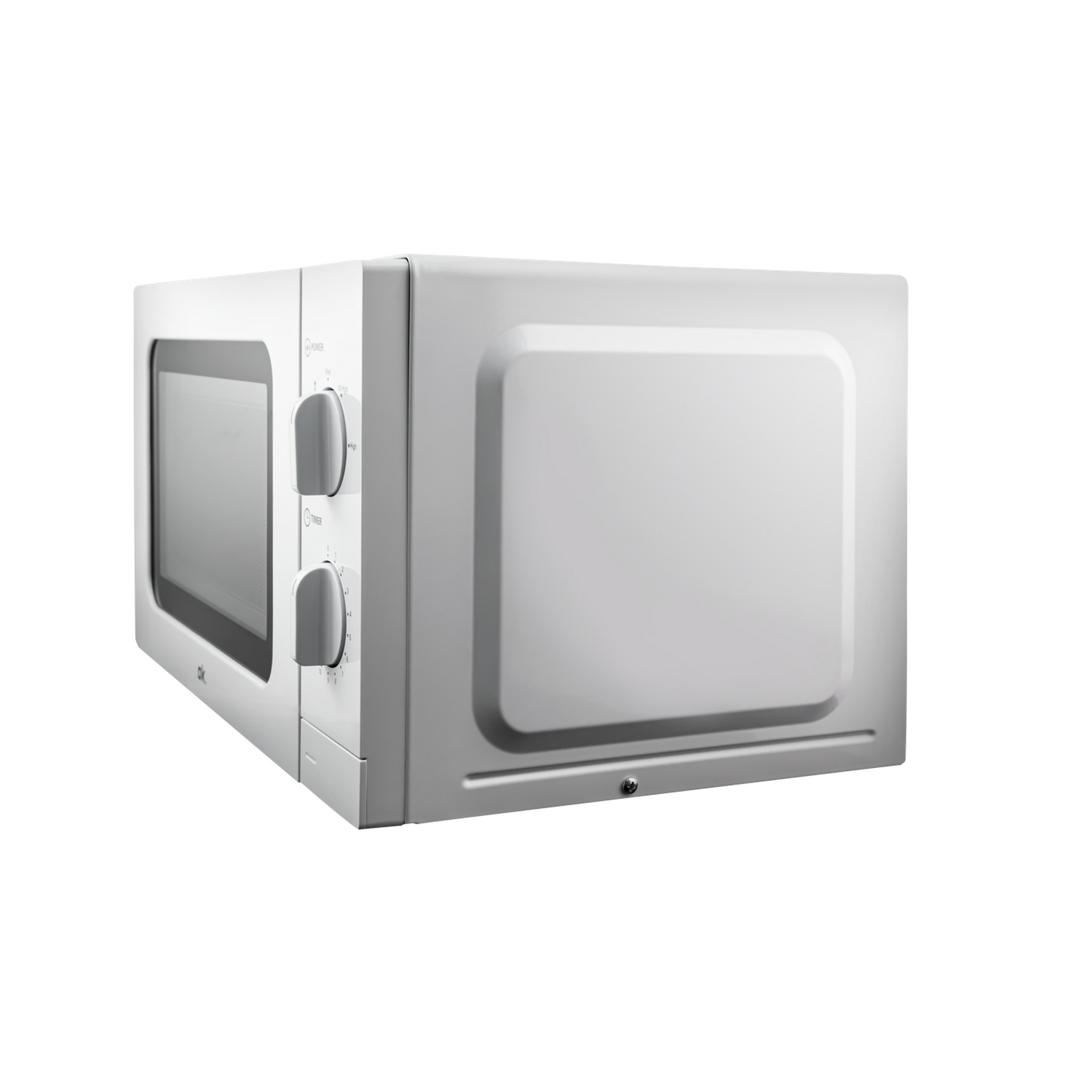 Horno microondas blanco sobre fondo blanco. Tiene puerta, panel de control y botones.