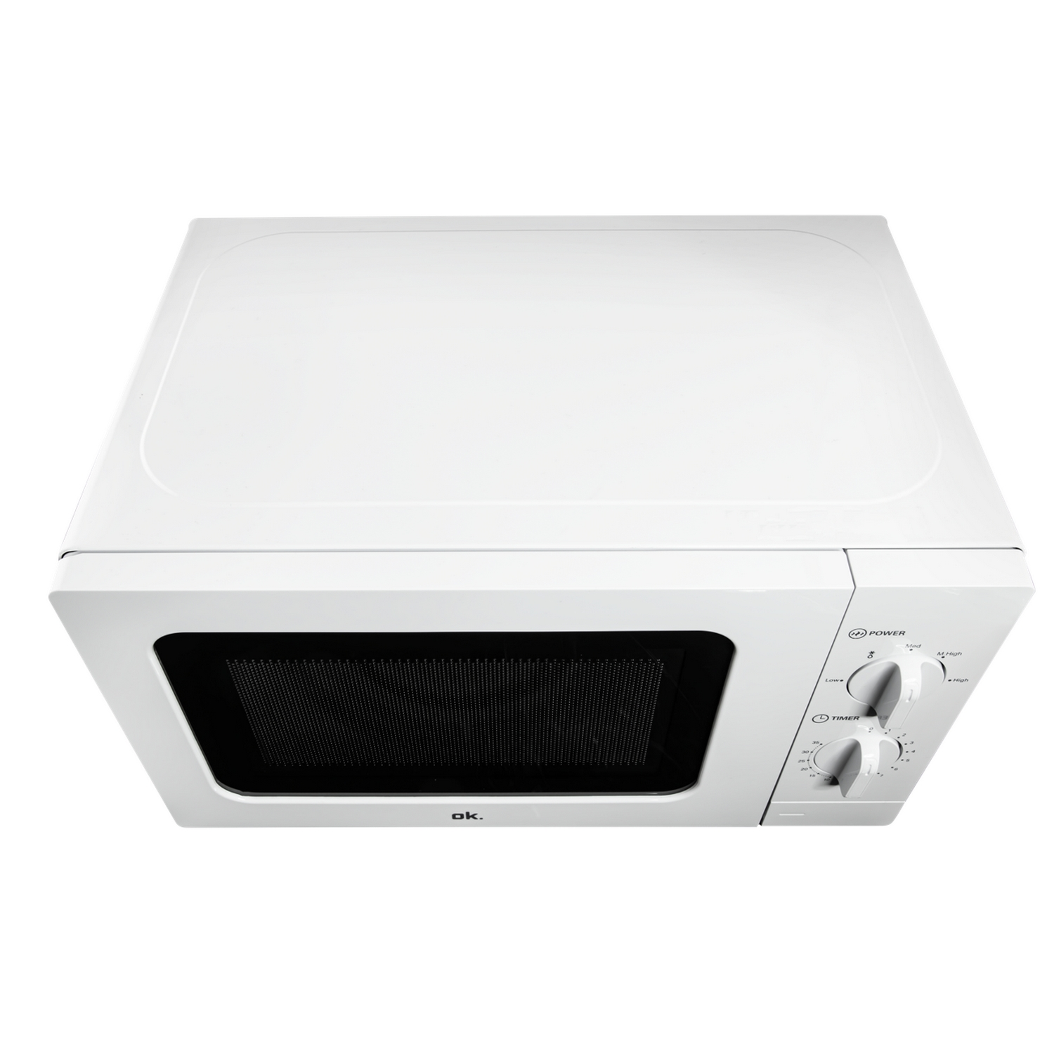 Horno microondas blanco, vista superior. Dos perillas para potencia y temporizador en el lado derecho.