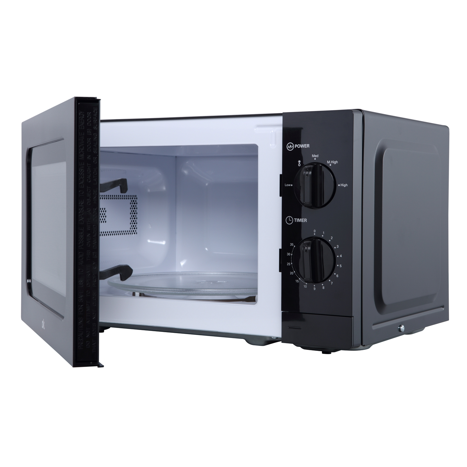 Horno de microondas, puerta abierta, plato de vidrio adentro, controles a la derecha, negro.