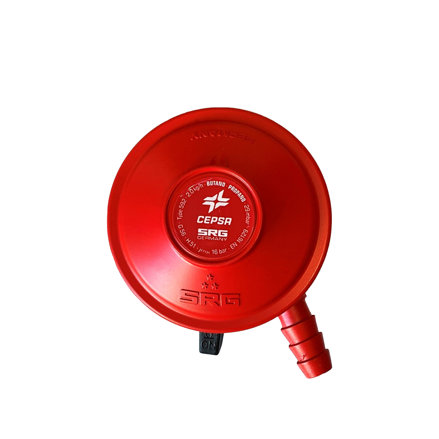 Regulador de gas rojo con fondo negro. El regulador tiene un logotipo CEPSA y SRG.