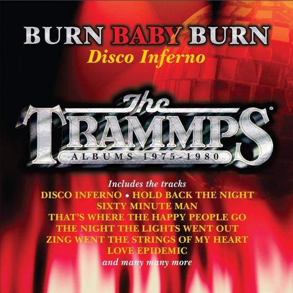 Albumhoes voor "Burn Baby Burn" van The Trammps. Rode en zwarte kleuren, discobal en tracklist worden getoond.