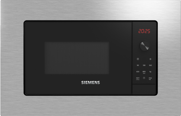 Mikrodalga fırın, siyah ön yüz, gümüş çerçeve, dijital saat, kontrol paneli, Siemens, gömme.