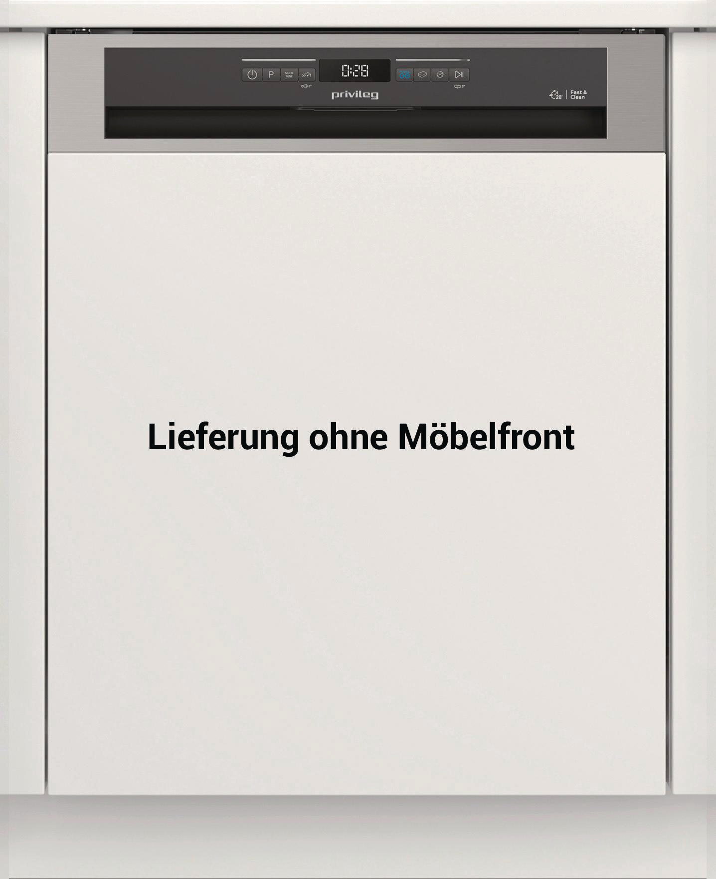 Weißer Geschirrspüler mit geschlossener Tür. Text sagt 'Lieferung ohne Möbelfront'.