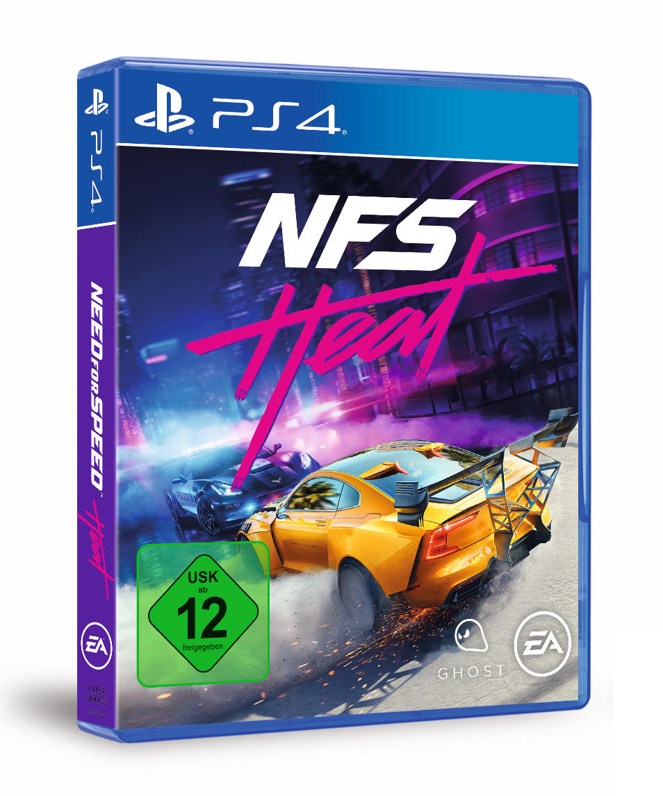 PS4-Spielbox von Need for Speed Heat. Ein gelbes Auto rast auf dem Cover.