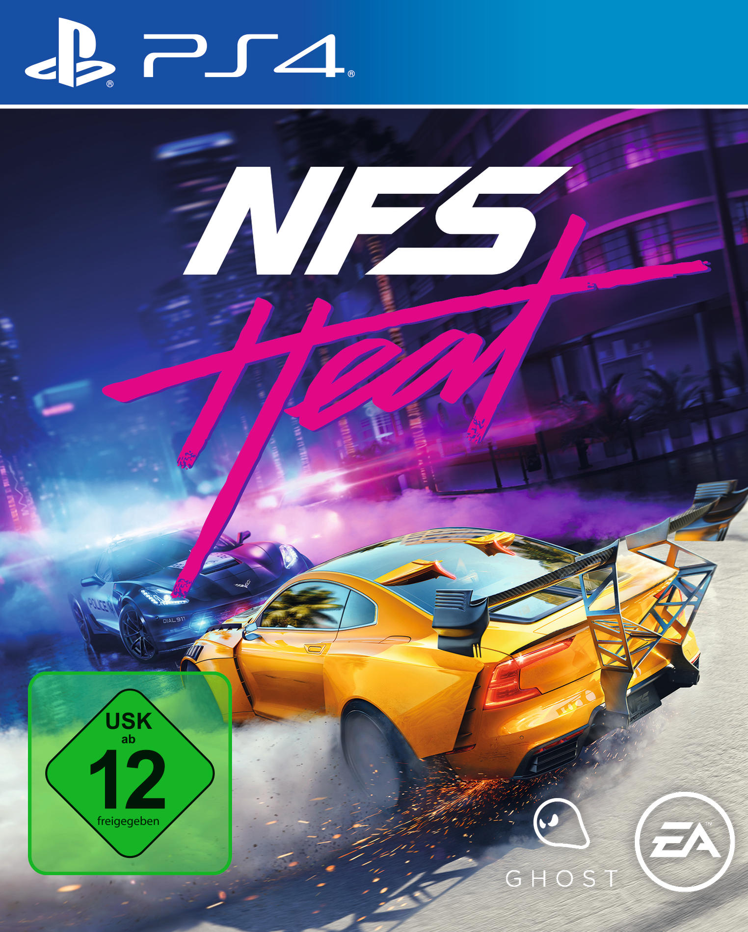 PS4-Spielcover für 'NFS Heat'. Ein gelbes Auto, das nachts in einer Stadt ein Polizeiauto jagt.