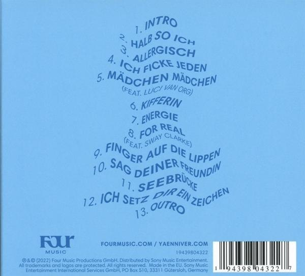 CD-Album-Rückseite mit Songtiteln in einem wellenförmigen blauen Design.