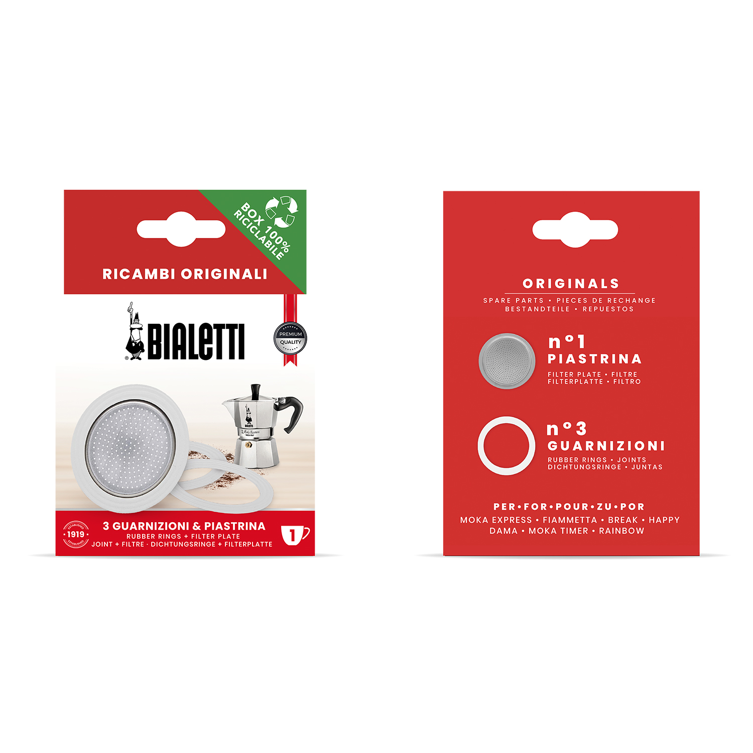 Due scatole Bialetti con ricambi. Una mostra una caffettiera e una piastra filtrante. L'altra elenca piastra filtrante e guarnizioni.