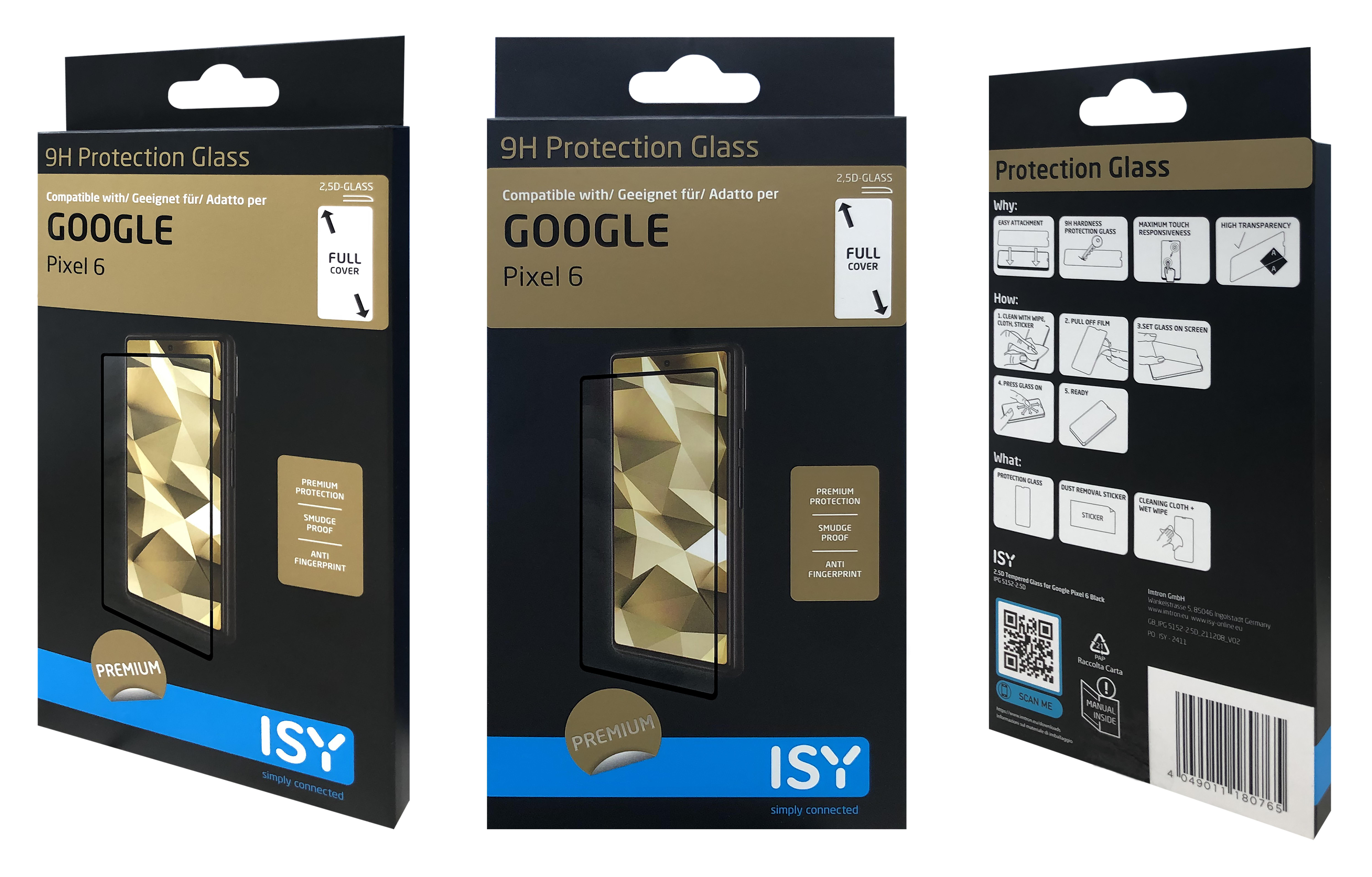Drei Produktverpackungen für Google Pixel 6 Displayschutzglas. Schwarze Boxen mit Telefonbildern und Text.