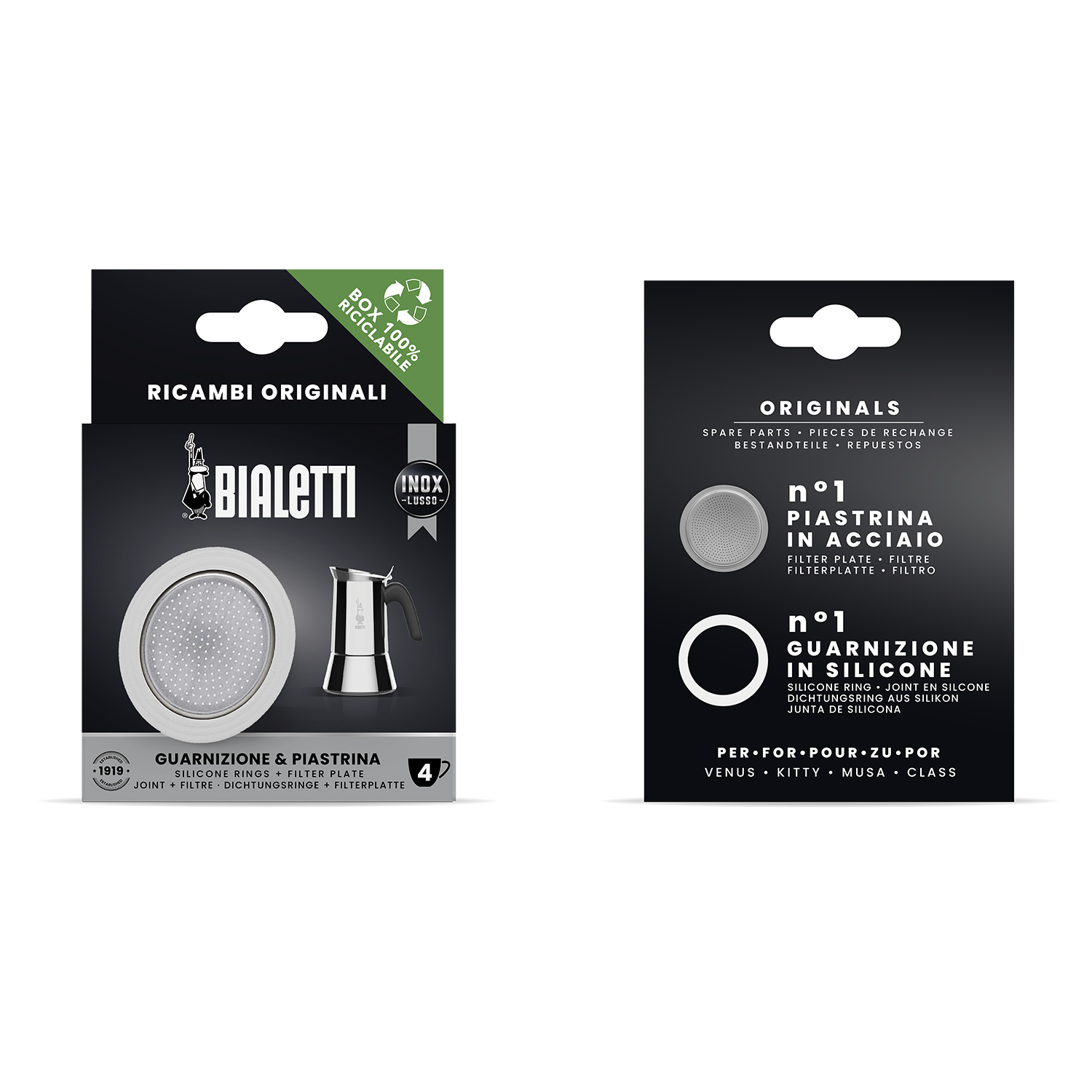 Scatola ricambi Bialetti con piastra filtrante e guarnizione. Confezione bianca e nera con immagini.