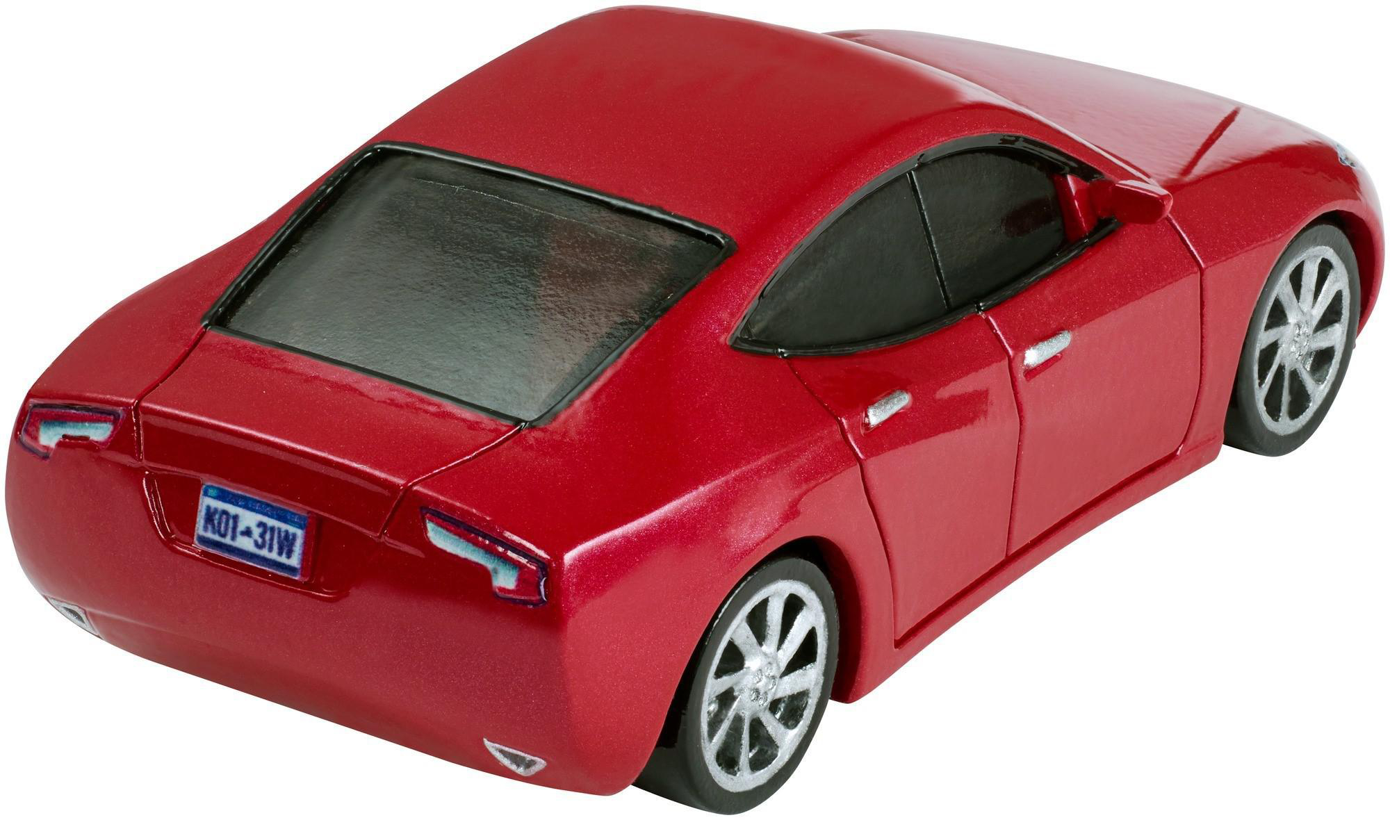 Rotes Spielzeugauto, Rückansicht. Mit Rücklichtern und Nummernschild.