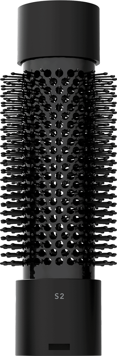 A black, cylindrical hair styler brush with black bristles and a black handle.