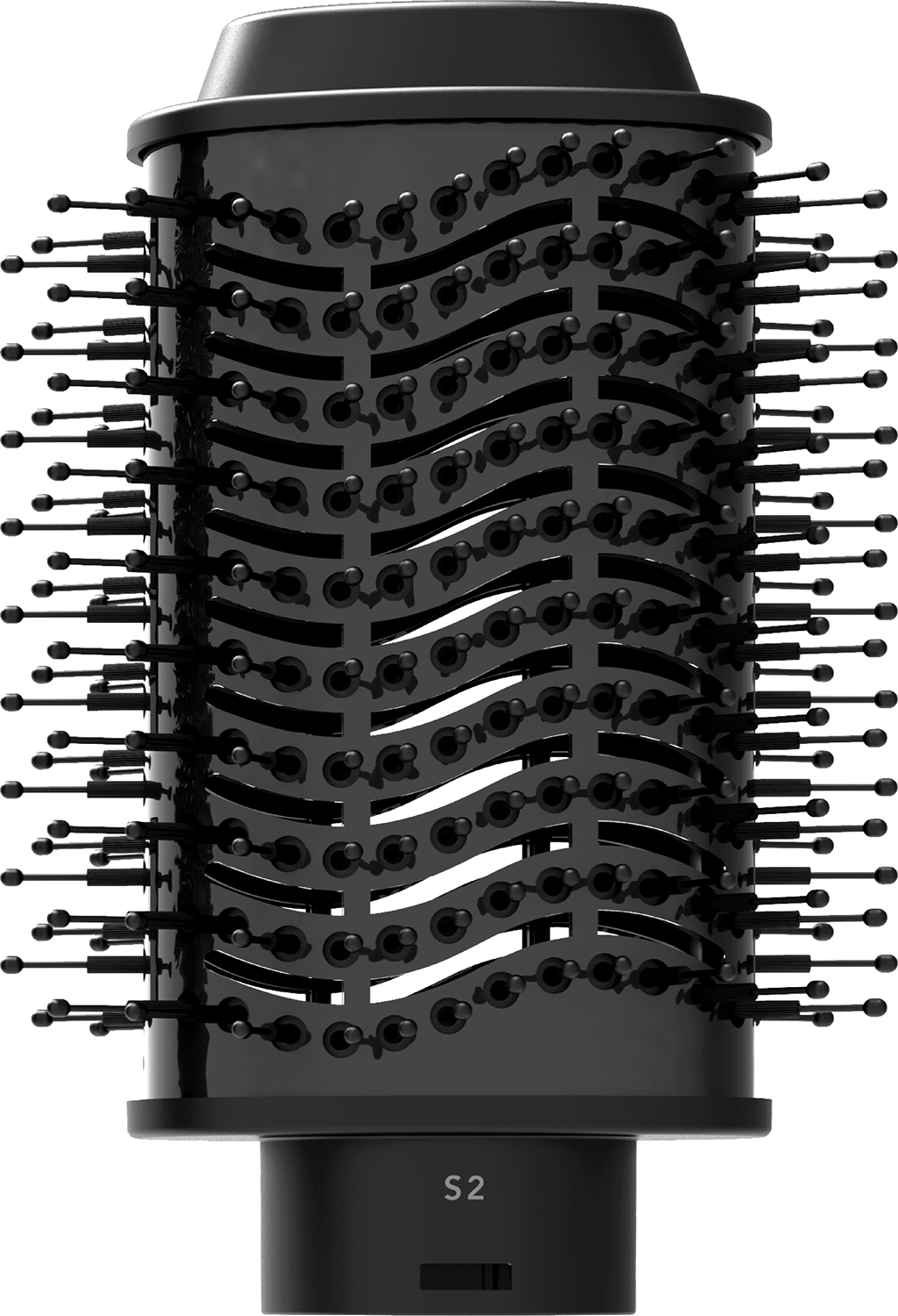 Close-up of a black hair dryer brush. The brush has many bristles and is cylindrical.