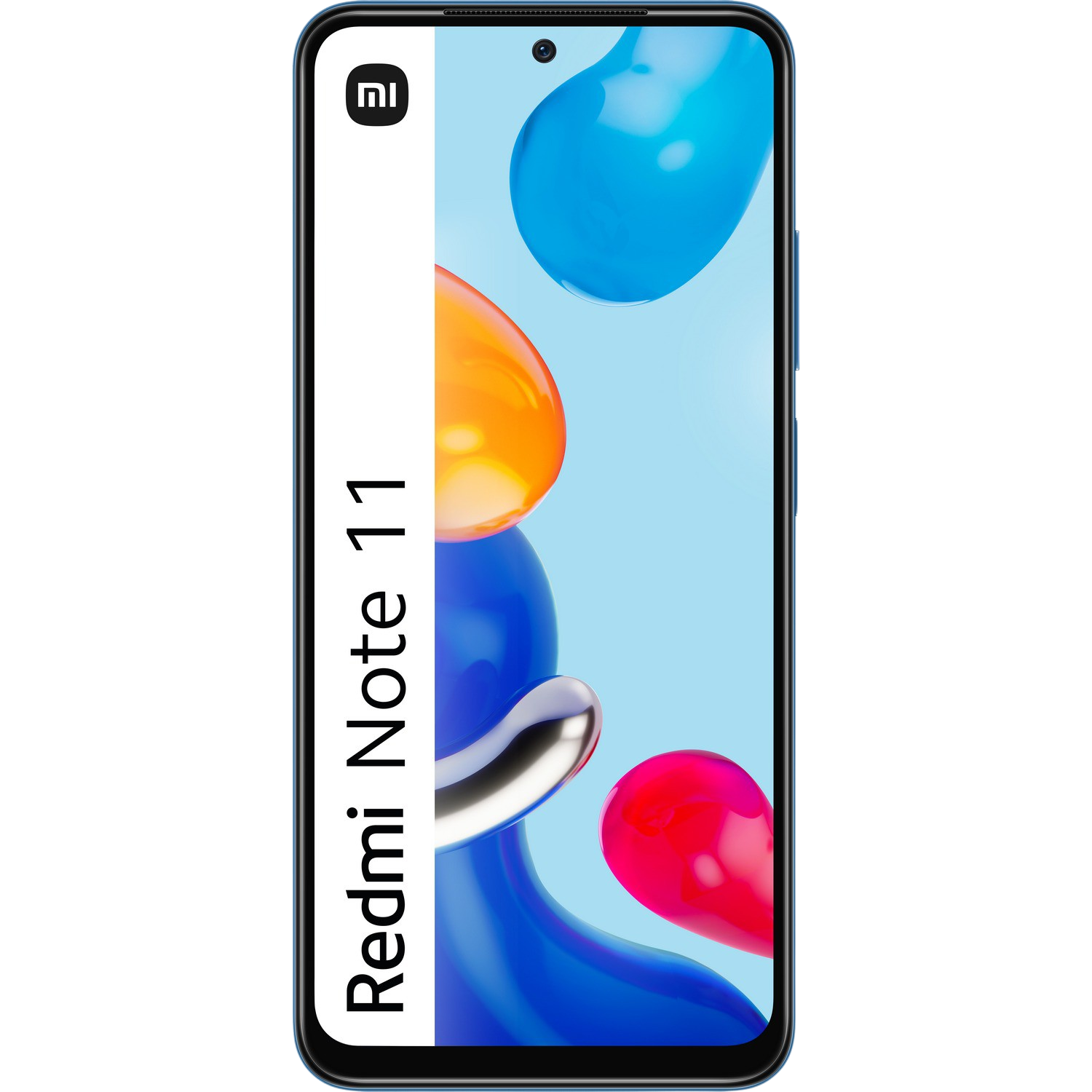 Teléfono Redmi Note 11 con parte trasera azul y pantalla mostrando arte abstracto colorido.
