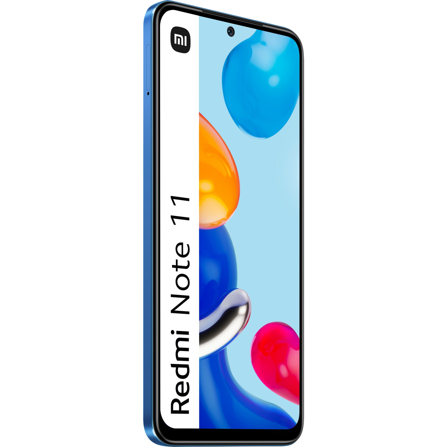 Un smartphone azul muestra una imagen abstracta colorida. El teléfono tiene una pantalla negra.