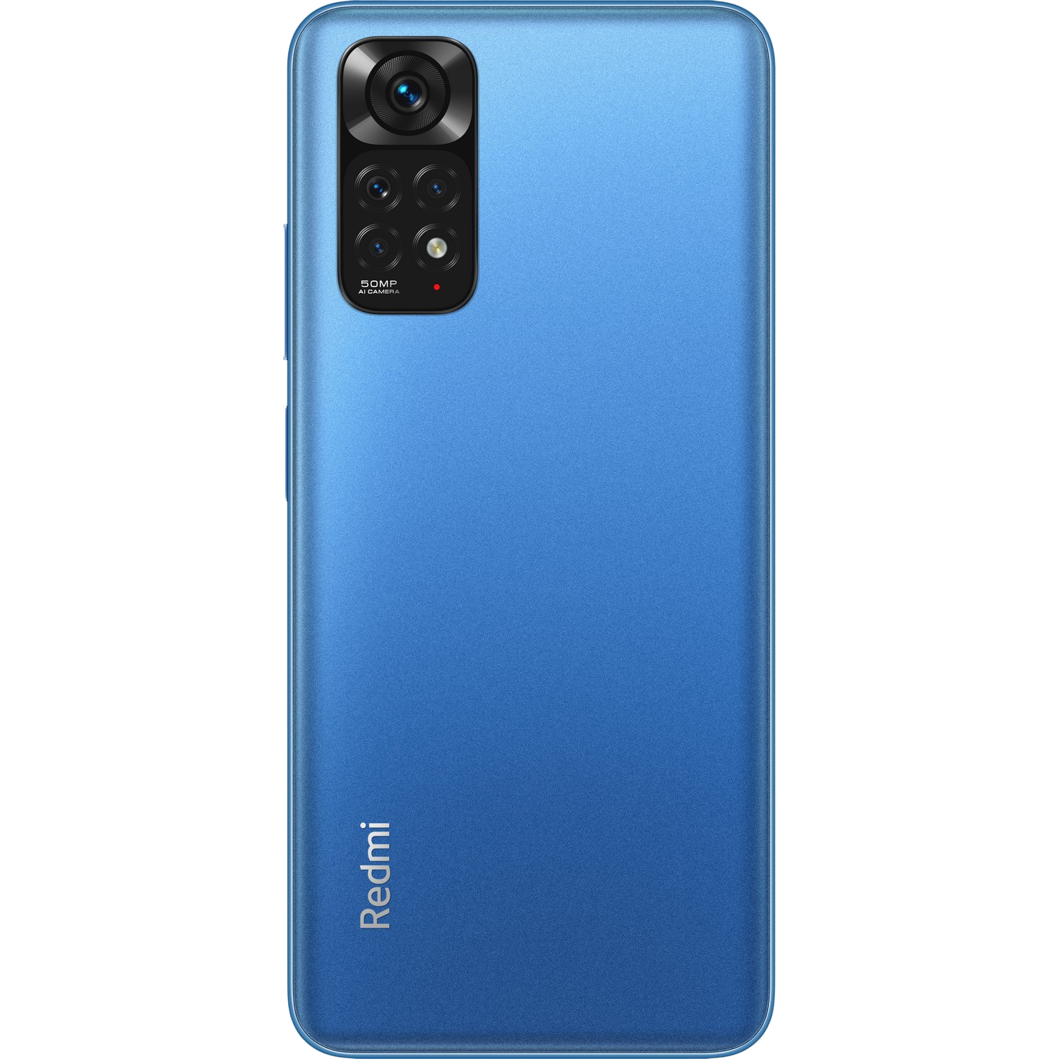 Parte trasera de un teléfono Redmi azul con un módulo de cámara y el logo Redmi abajo.