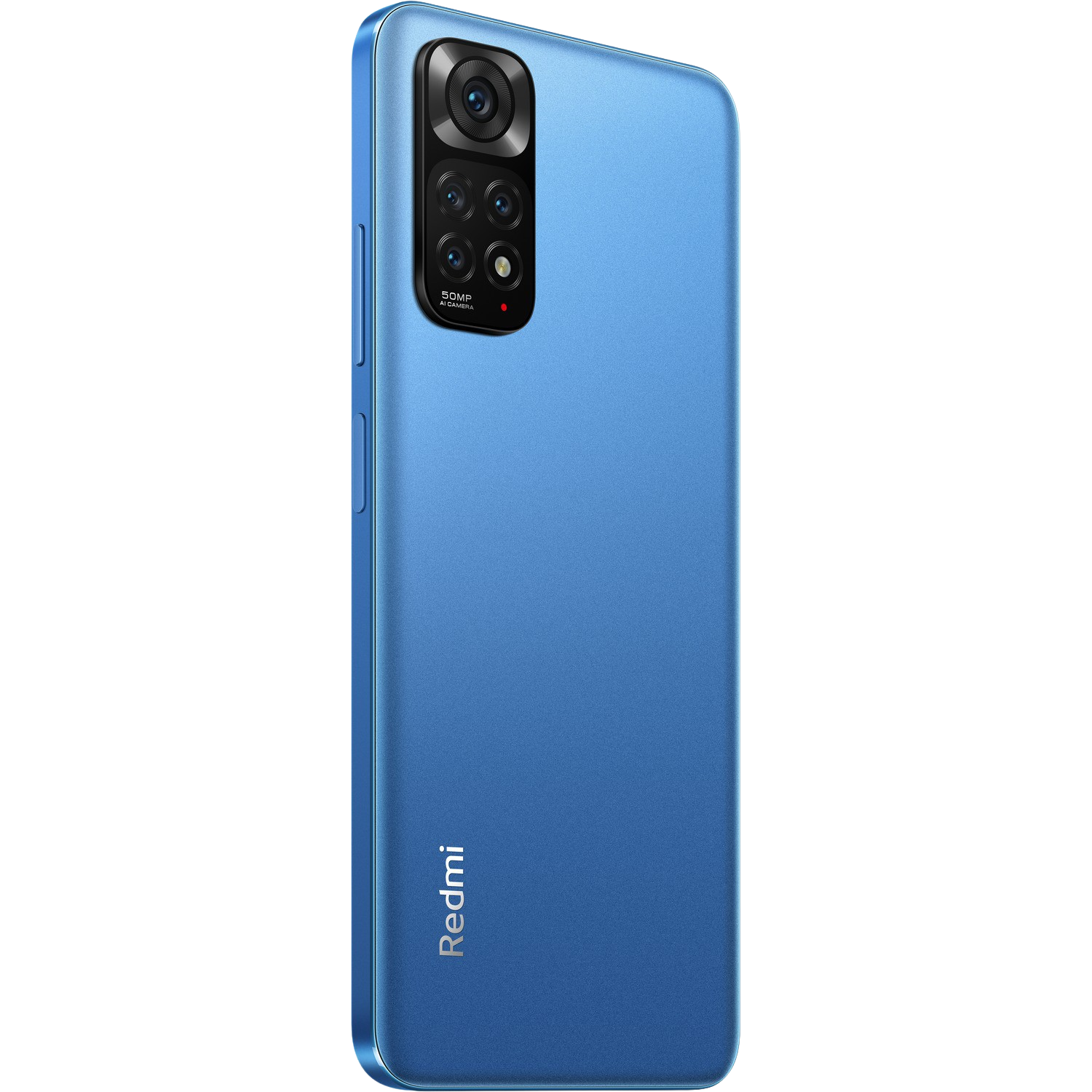 Un teléfono Redmi azul, en ángulo, con varias cámaras y el logotipo Redmi visible.