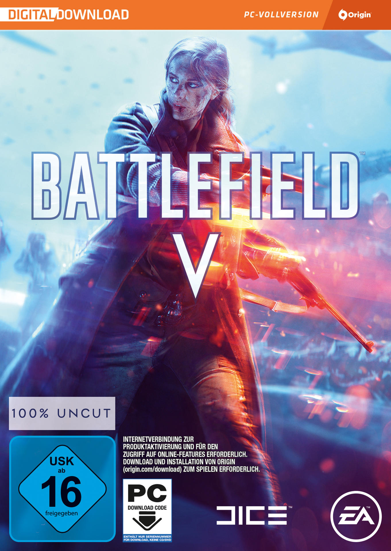 Battlefield V Spielbox mit einer Frau im Mantel, die ein Gewehr hält, und dem Spiel-Logo.
