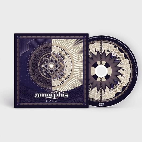 Amorphis Halo CD-album met symmetrisch ontwerp op de hoes, CD naast de case.