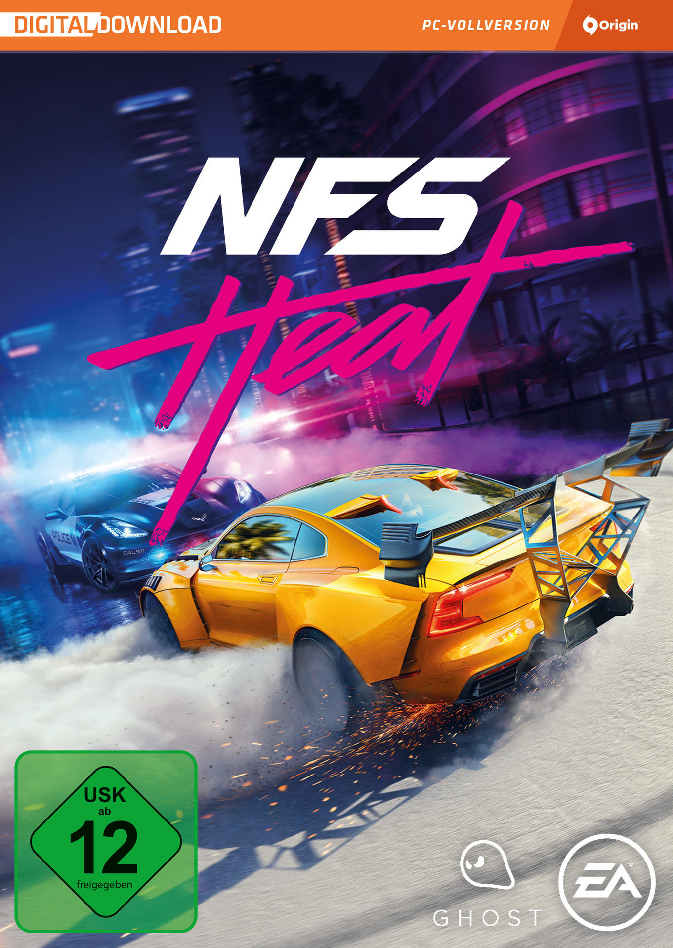 NFS Heat-Spielcover mit einem gelben Auto in einem Nachtrennen.