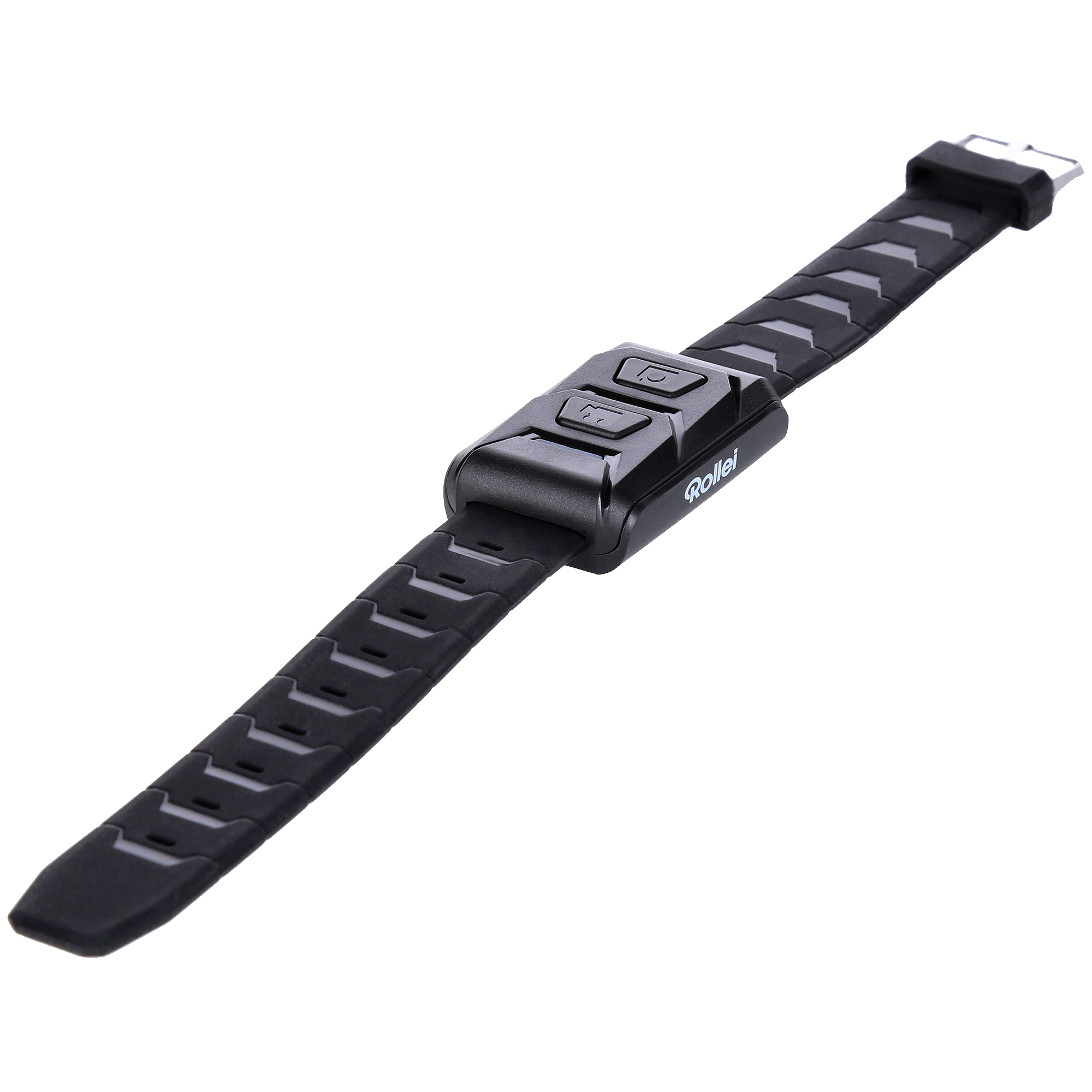 Schwarze Handgelenk-Fernbedienung. Zwei Knöpfe und ein Rollei-Logo sind sichtbar.