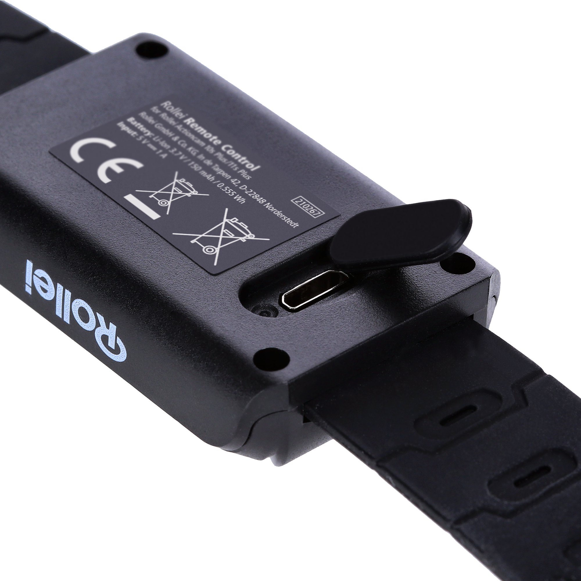 Schwarzes Rollei Fernbedienungsgerät mit USB-Anschluss und einem Teil des Armbands.