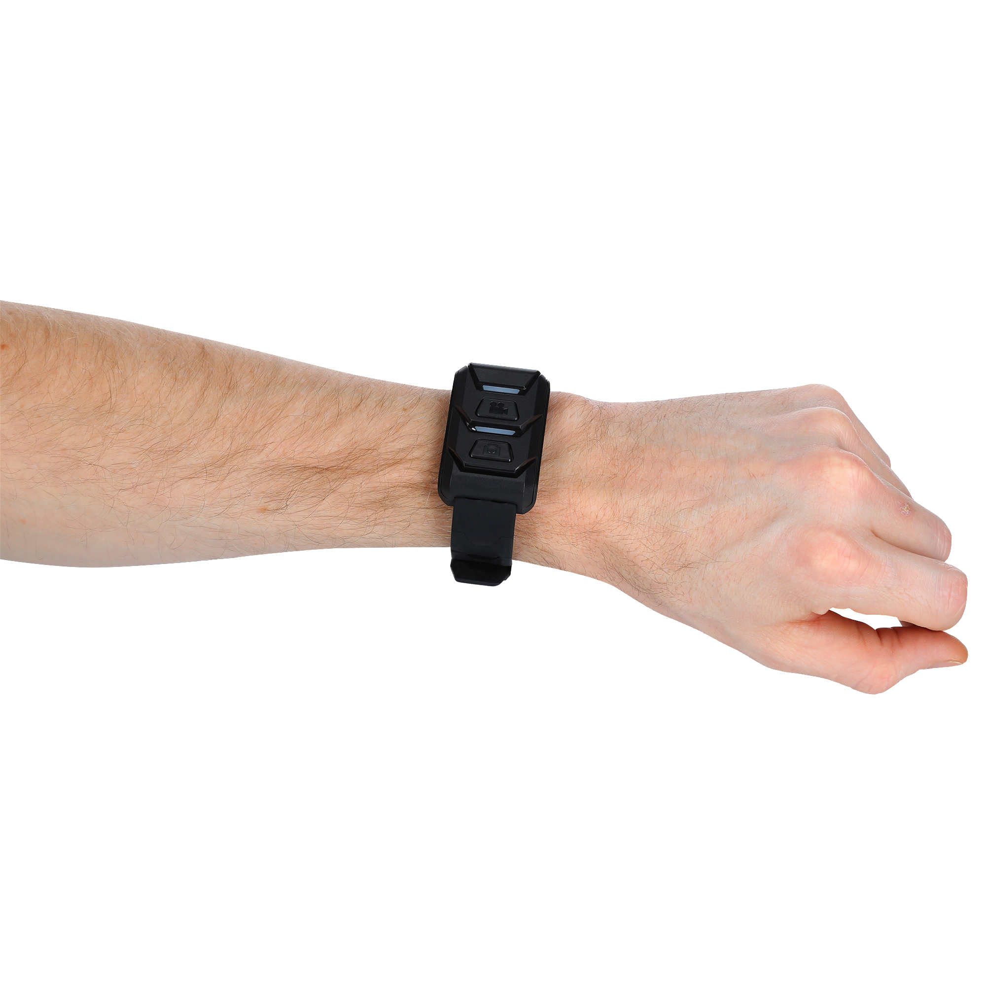 Der Arm einer Person mit einem schwarzen tragbaren Gerät. Weißer Hintergrund.