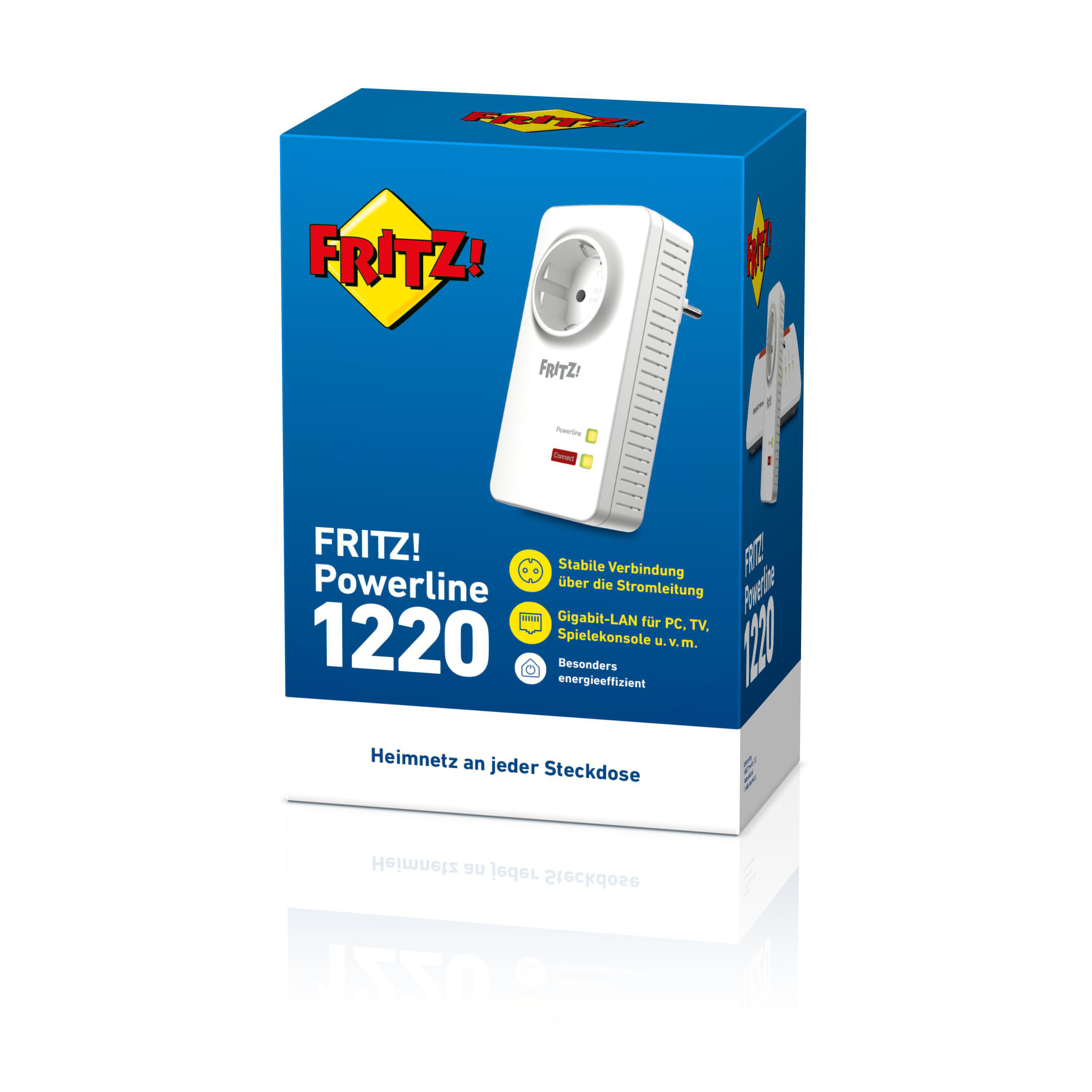 Fritz! Powerline 1220 Verpackung. Weißer Powerline-Adapter, Text und Logos. Blaues und oranges Farbschema.