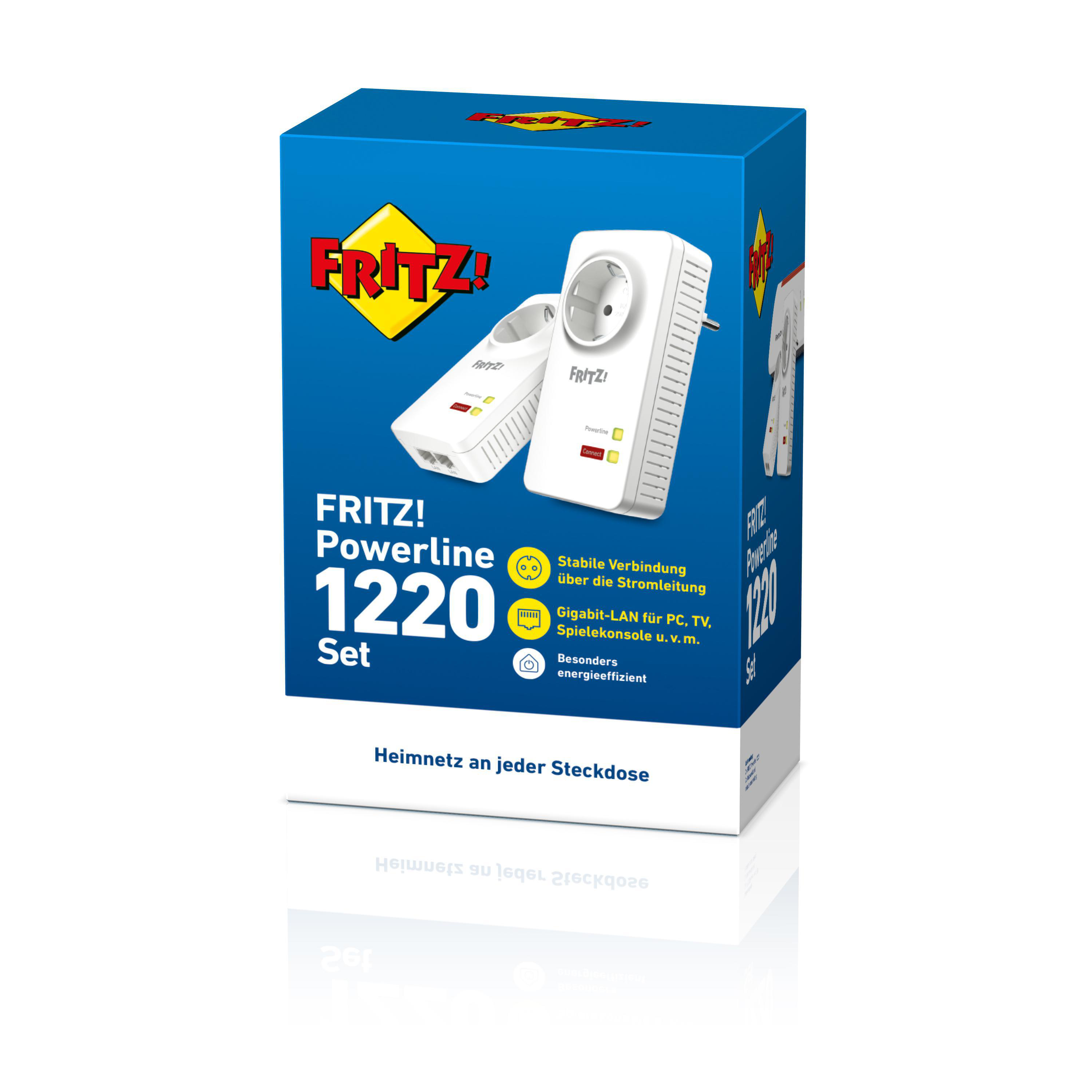 Fritz! Powerline 1220 Set-Box, zwei Adapter, Text über stabile Verbindung.