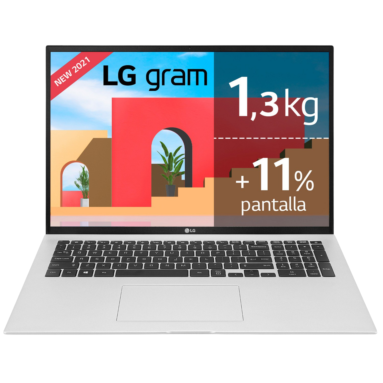 Portátil LG Gram plateado con teclado blanco, pantalla negra y gráficos rojos/azules. Nuevo 2021.