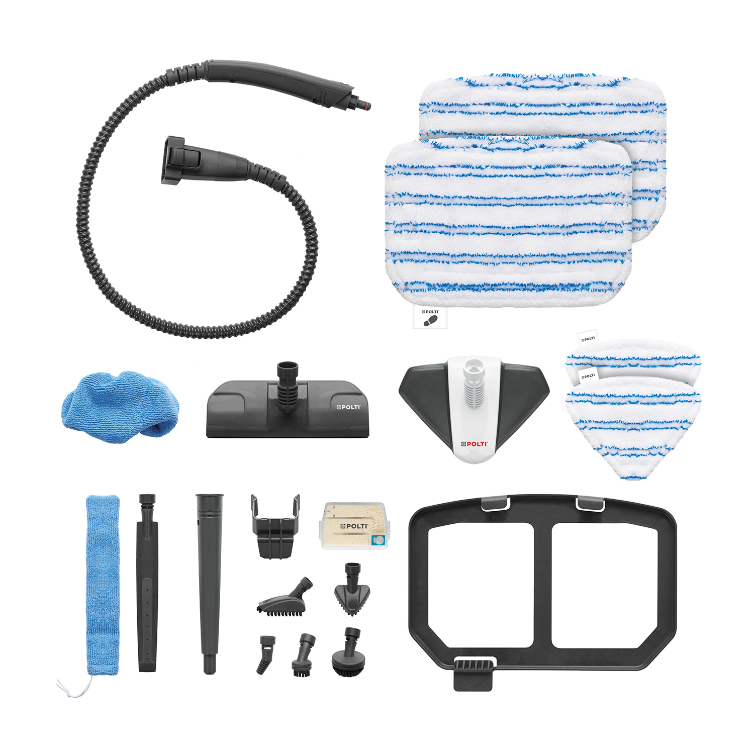 Assortimento di accessori e panni per pulitore a vapore.