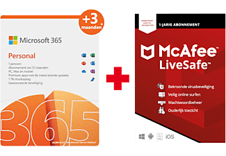 Microsoft 365 Personnel NL 12 mois (+3 mois extra si acheté ensemble avec un laptop*) + McAfee LiveSafe Attach pour tous les ap