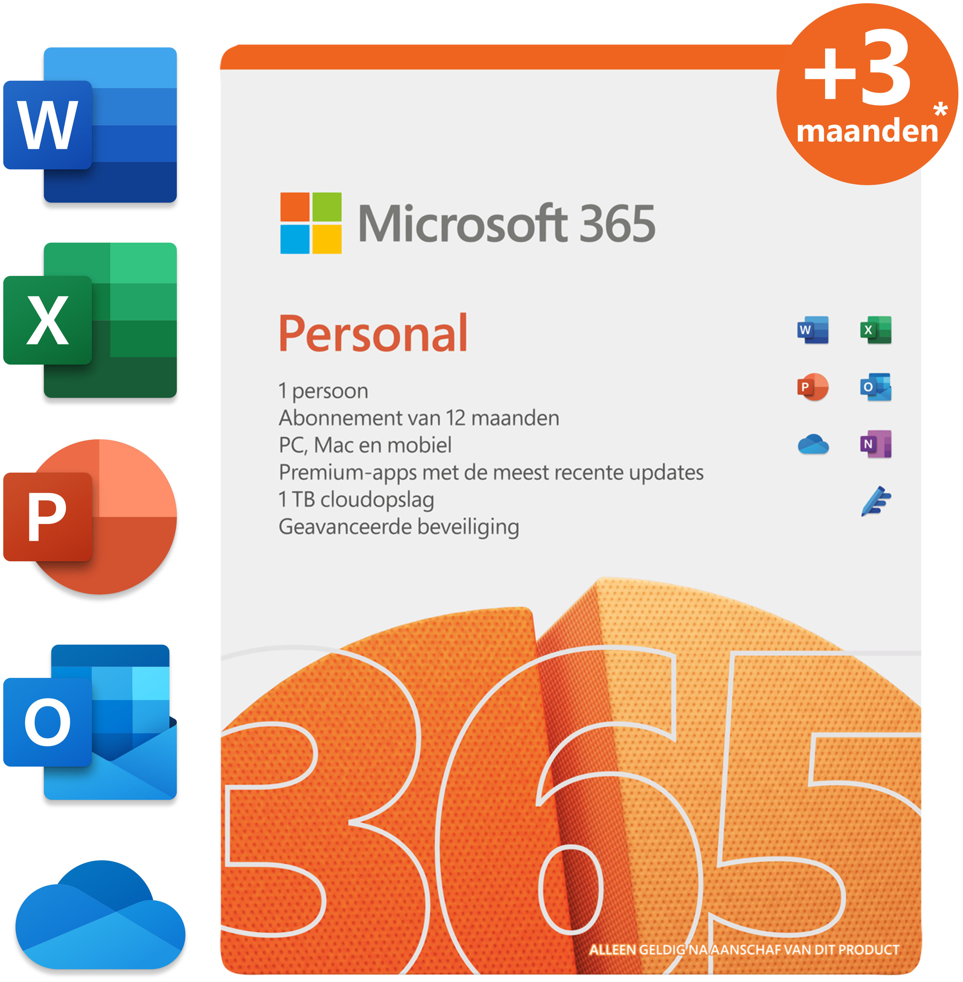 Microsoft 365 Personnel NL 12 mois (+3 mois extra si acheté ensemble avec un laptop*) + McAfee LiveSafe Attach pour tous les appareils FR/NL