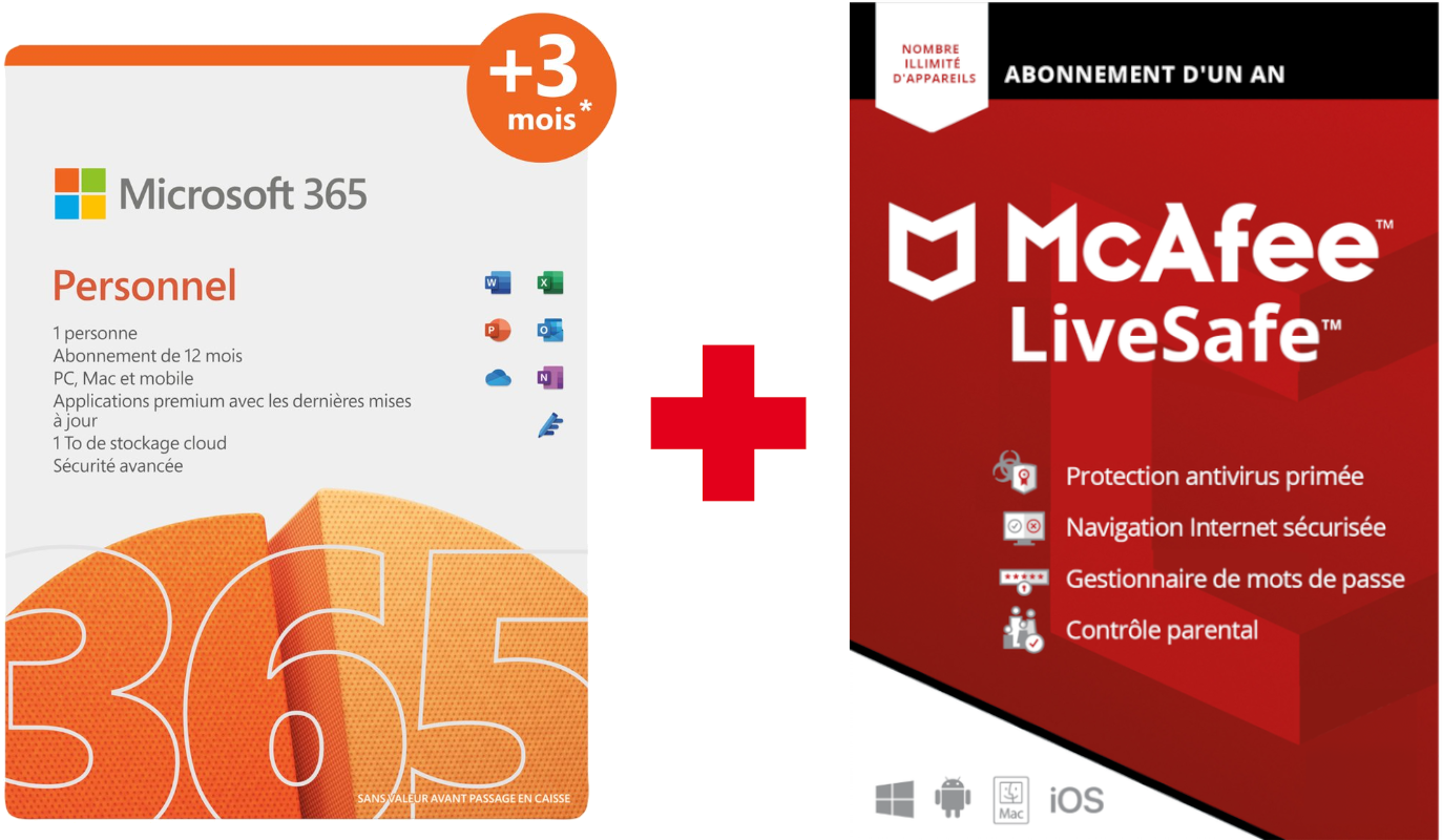 Boîtes de produits Microsoft 365 et McAfee LiveSafe avec texte et logos.