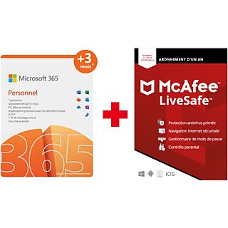 Microsoft 365 Personal FR 12 maanden (+3 maanden extra bij aankoop van een laptop*) + McAfee LiveSafe Attach voor alle apparaten NL/FR