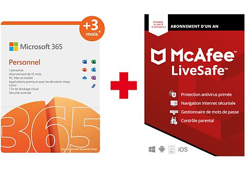 Microsoft 365 Personal FR 12 maanden (+3 maanden extra bij aankoop van een laptop*) + McAfee LiveSafe Attach voor alle apparaten NL/FR
