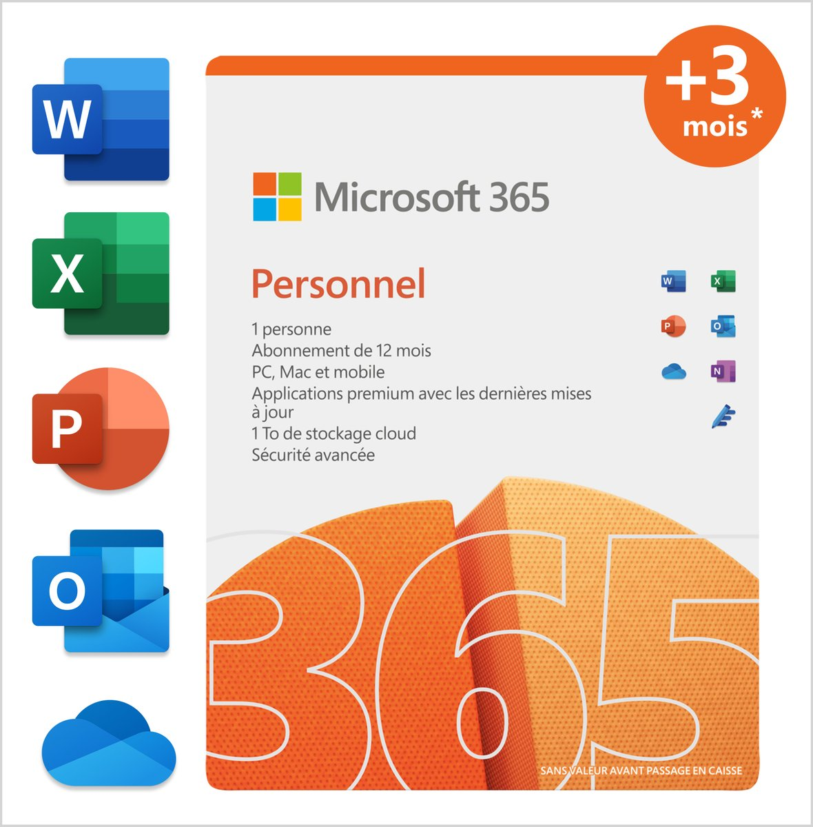 Boîte Microsoft 365. Contient les logos de Word, Excel, PowerPoint, Outlook et autres.