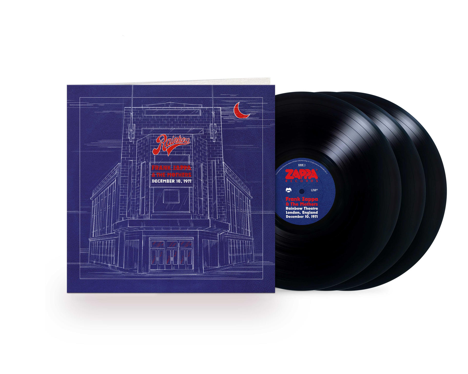 Albumcover mit Bauplan-Kunst eines Gebäudes und drei schwarzen Schallplatten.