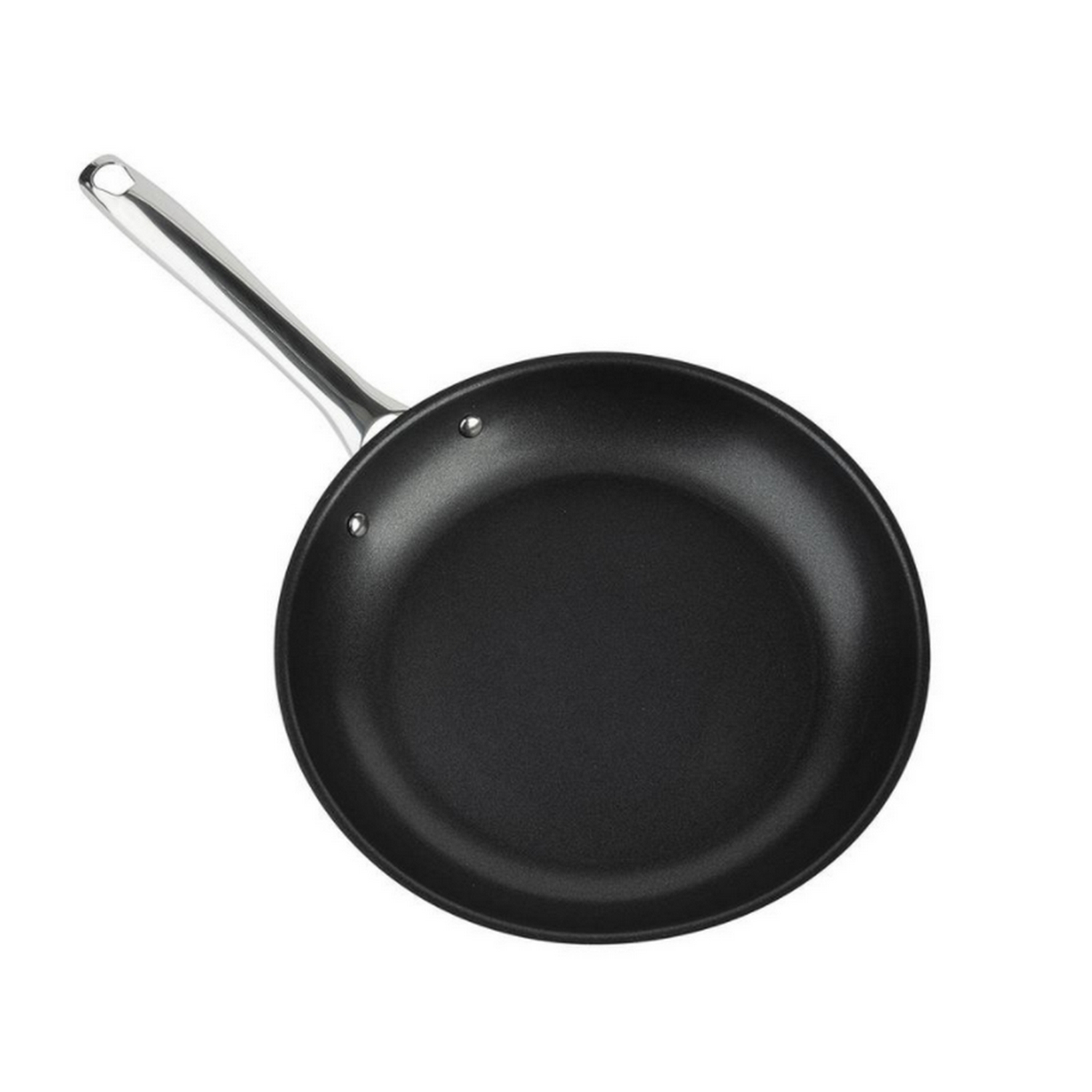 Sartén negra con mango plateado. Está vacía y tiene un interior negro. Fondo blanco.