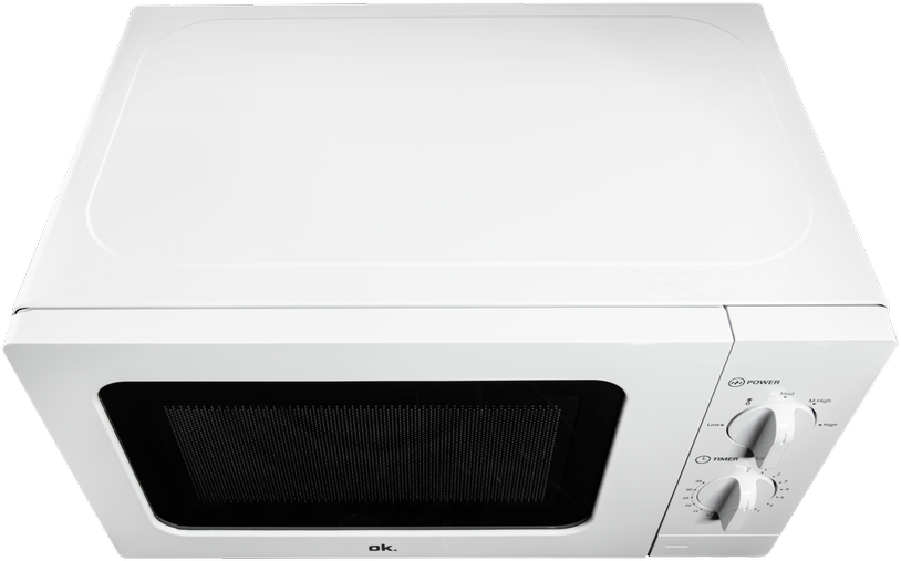 Un four à micro-ondes blanc, vue de dessus, avec des boutons de commande et une porte noire.