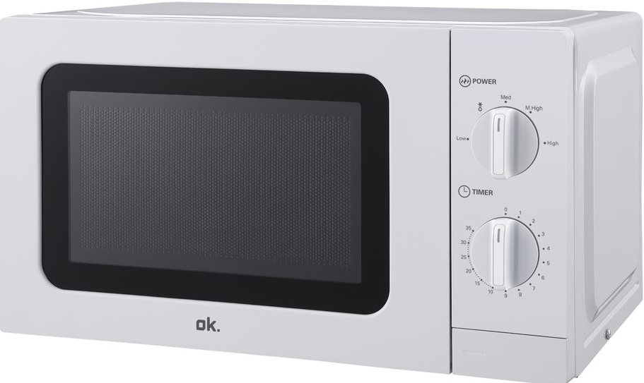 Four à micro-ondes blanc avec boutons de commande, un écran et le mot "ok".