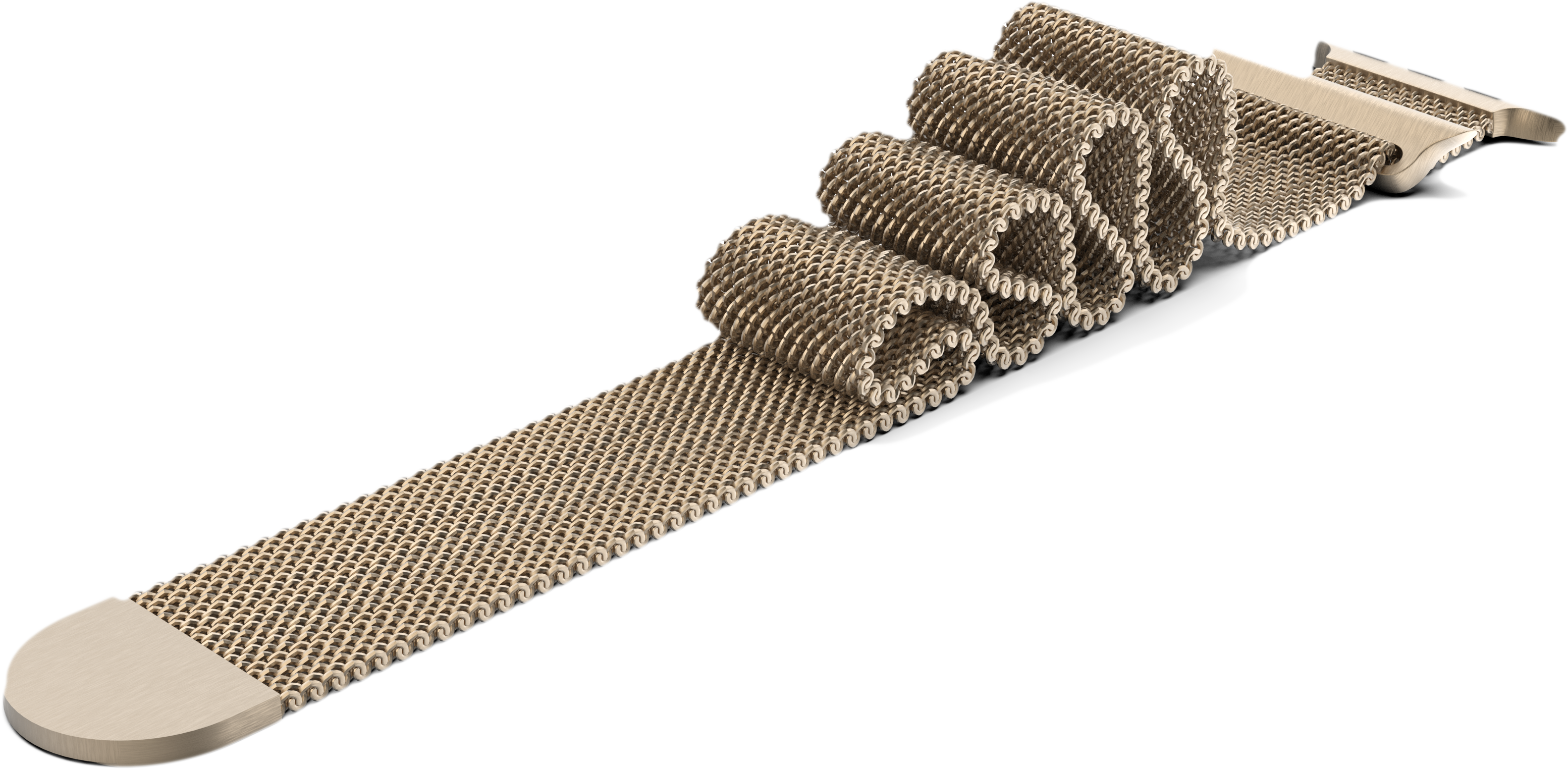 Ein goldfarbenes Mesh-Uhrenarmband, teilweise gerollt, vor weißem Hintergrund, zeigt seine Textur.
