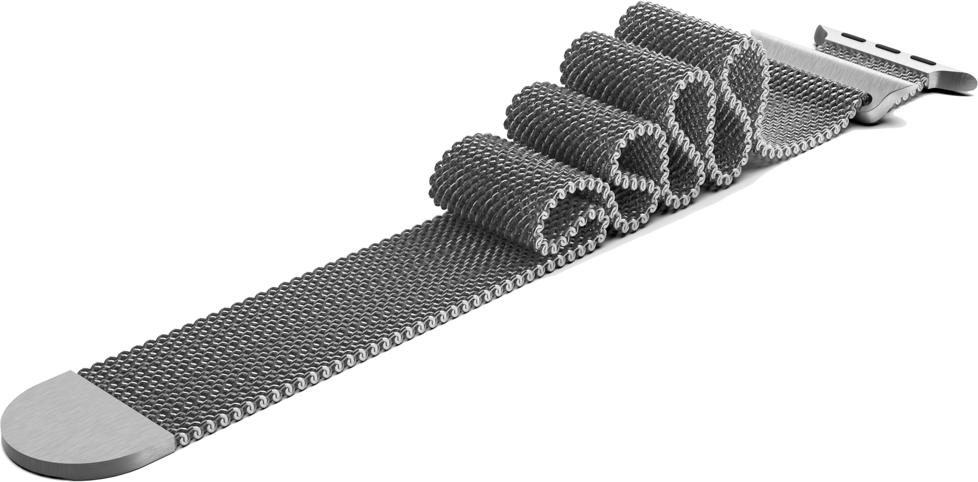Silbernes Metall-Armband mit Mesh-Design, abgewinkelt und leicht gerollt.