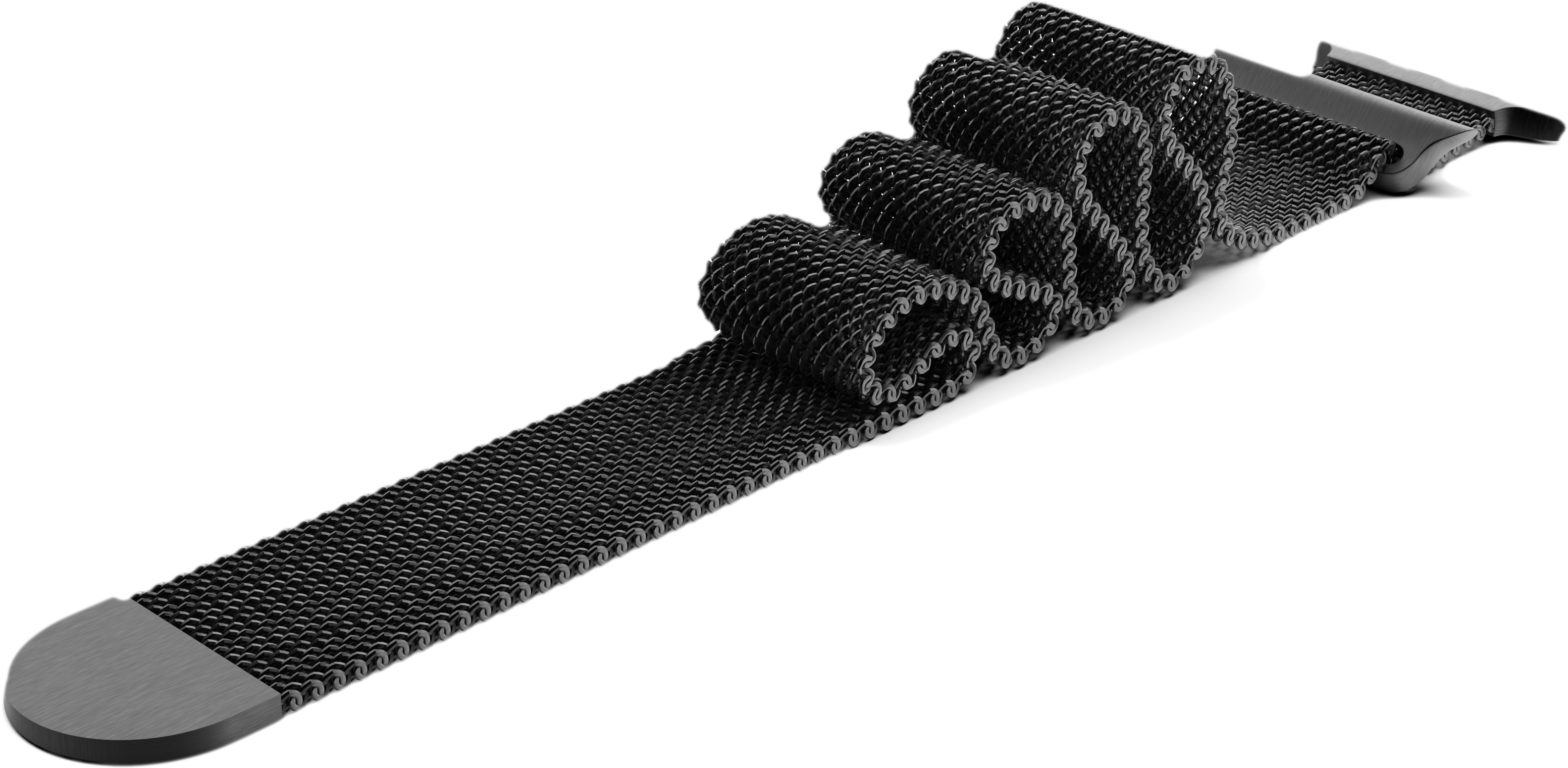 Ein schwarzes Mesh-Uhrenarmband, teilweise gerollt, vor weißem Hintergrund, zeigt seine Textur.