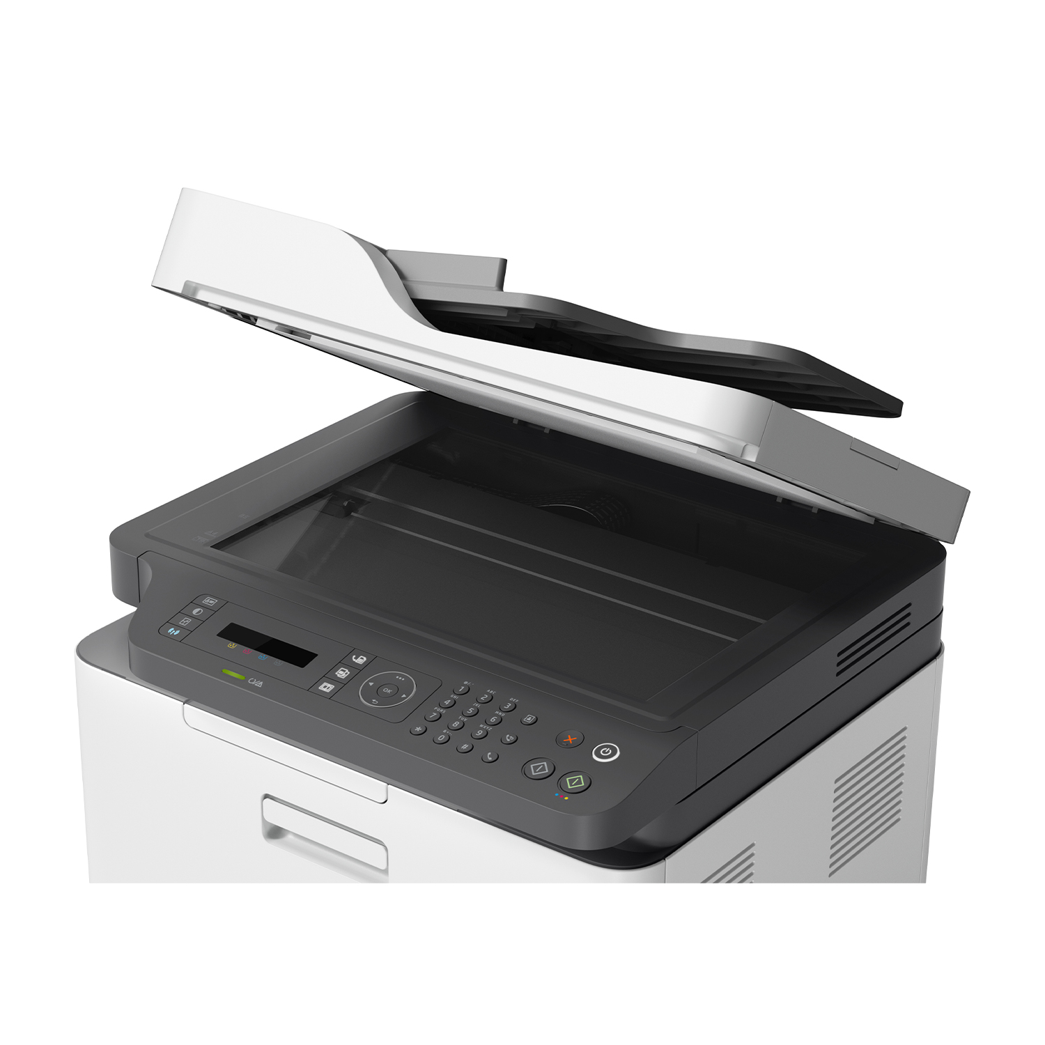 Una stampante multifunzione bianca e nera con lo sportello dello scanner aperto.