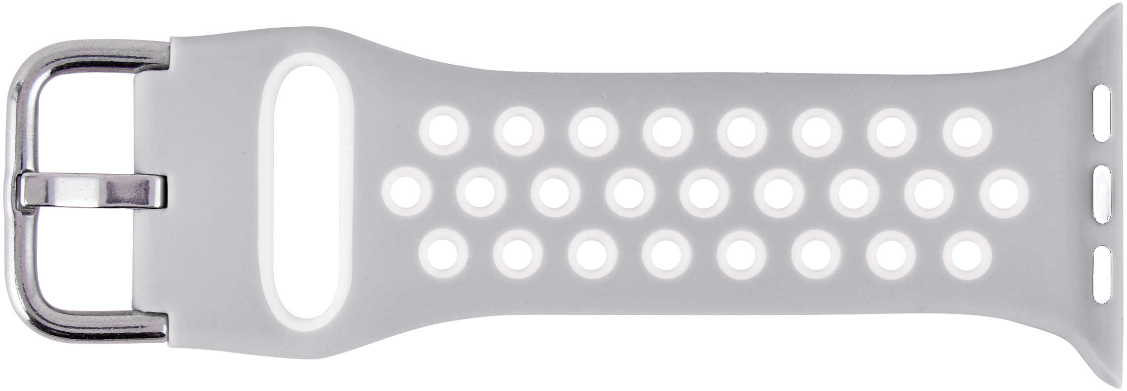 Gros plan sur un bracelet de montre gris clair avec des trous et une boucle argentée.