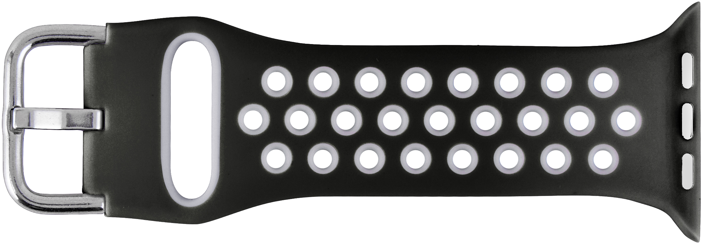 Schwarzes und graues Uhrenarmband. Es hat eine silberne Schnalle und ein perforiertes Design mit weißen Akzenten.