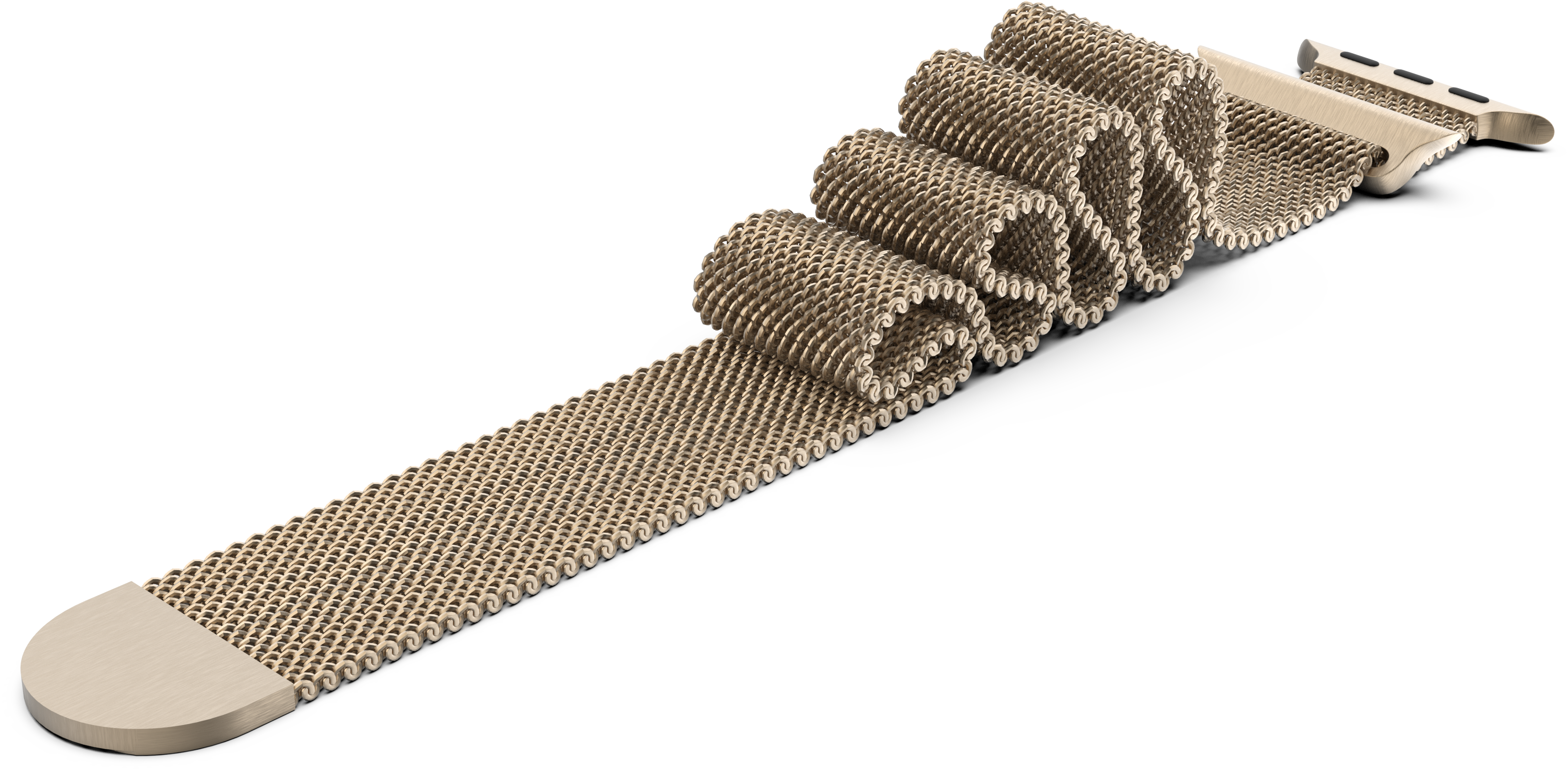 Uhrenarmband. Gewebtes Metalldesign, goldene Farbe, gebogen, abgelöst.