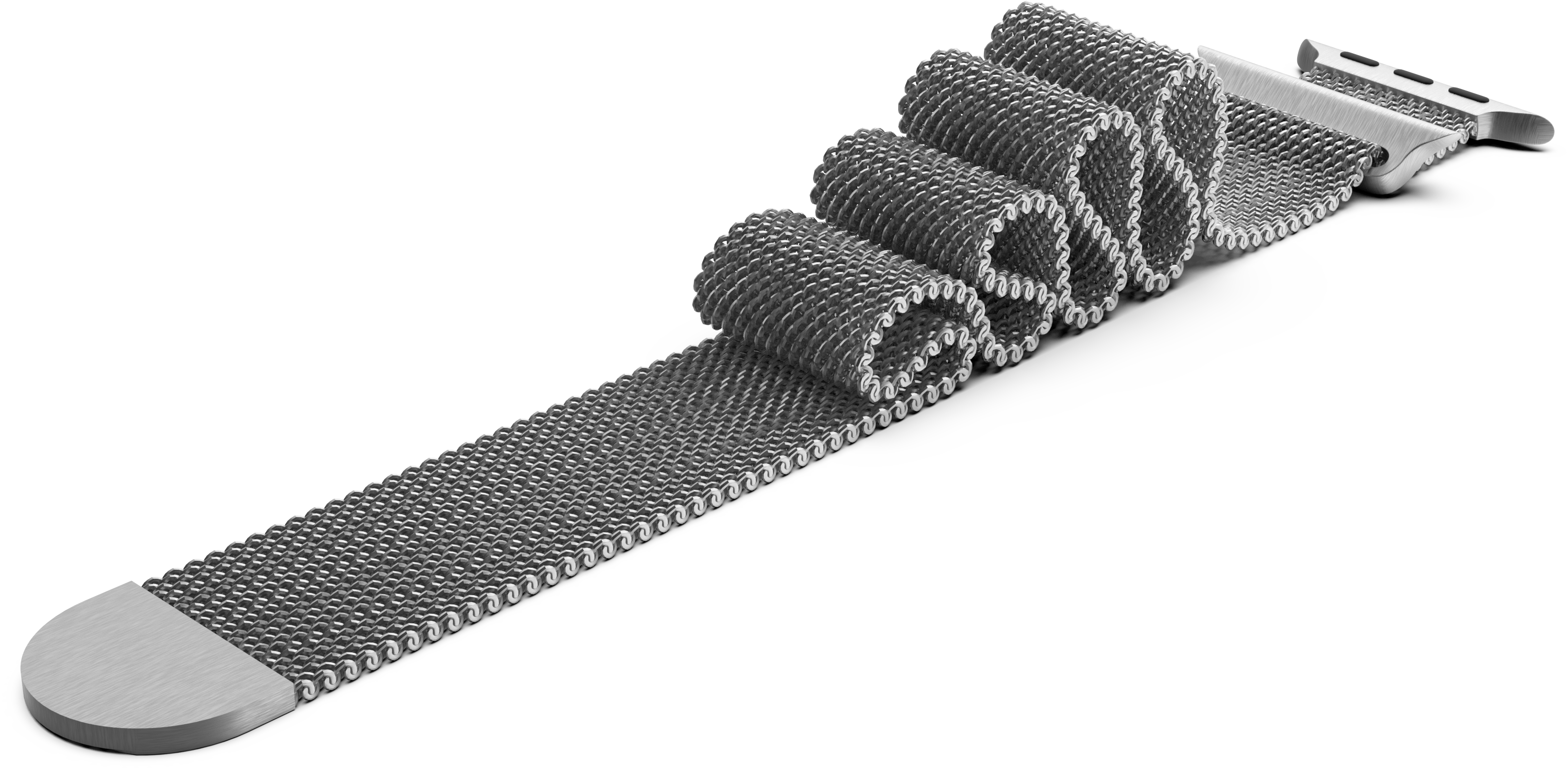 Silbernes Uhrenarmband aus verflochtenem Metallgewebe. Das Armband ist teilweise aufgerollt.